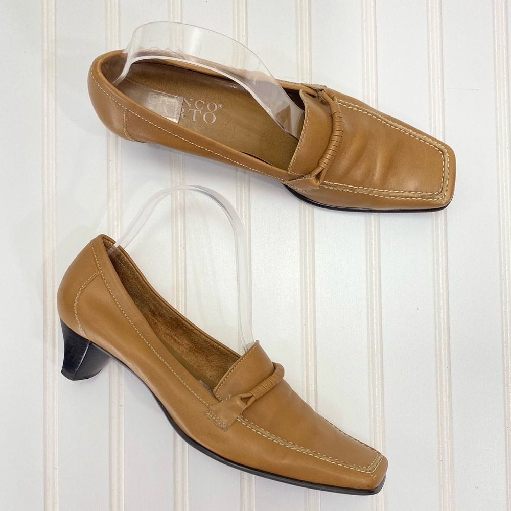 Franco Sarto Leather Loafer Square Heels Tan Low Heel Office Dressy 7.5 Preppy